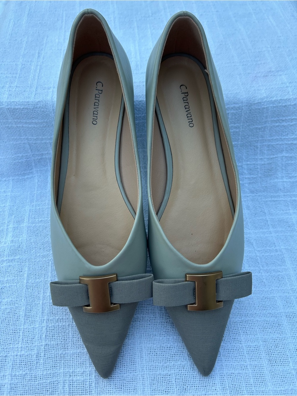 C. Paraviano Sage Green Pointed Toe Flats with Gold Buckle